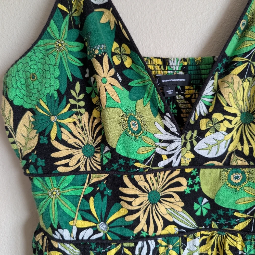 NWOT International Concepts Floral Green and Yellow Wide Leg Jumpsuit Si… - Picture 4 of 7